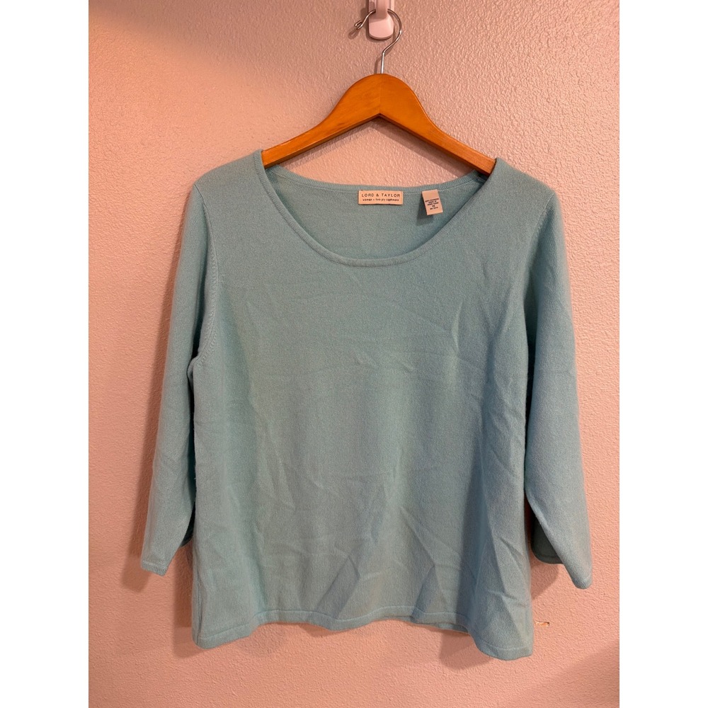 Lord‎ & Taylor Cashmere Sweater Women 1X Light Blue Scoop Neck 3/4 Sleeve 2-Ply